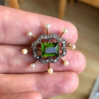 Vintage  9ct Gold Peridot, Pearl and Diamond Brooch in Hand