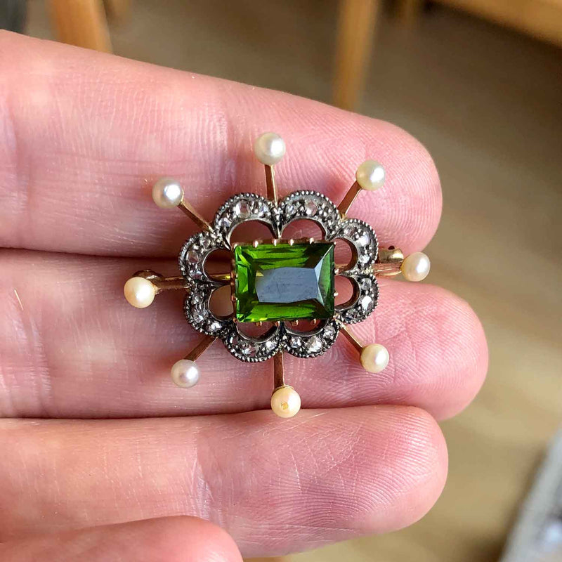 Vintage  9ct Gold Peridot, Pearl and Diamond Brooch in Hand