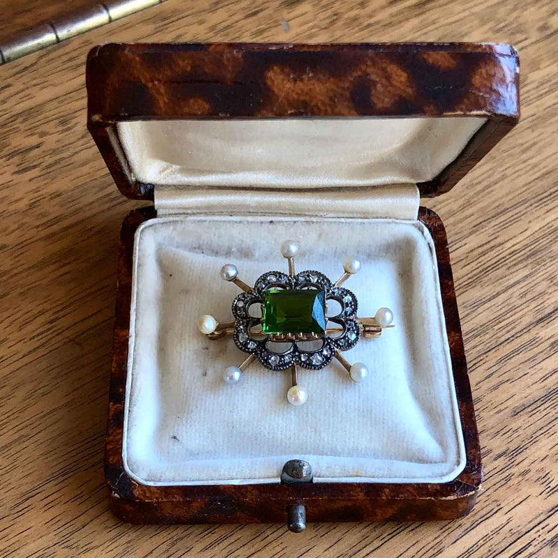 Vintage  9ct Gold Peridot, Pearl and Diamond Brooch in Box