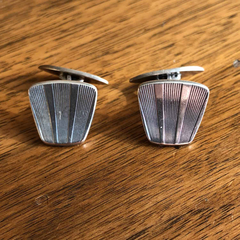 Vintage Silver Art Deco Engraved Cuff-Links . c1930 Wood Background