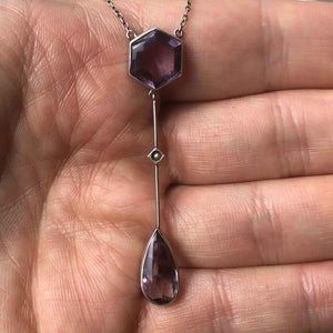 Antique Amethyst and Seed Pearl Silver Lavaliere Drop Necklace - In Hand
