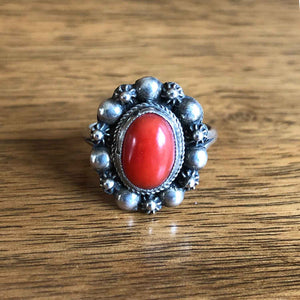 Boho Style Vintage Silver & Coral Ring - On wood Background