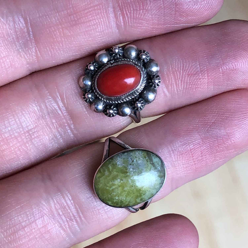 Boho Style Vintage Silver & Coral Ring in Hand with connemara marble ring