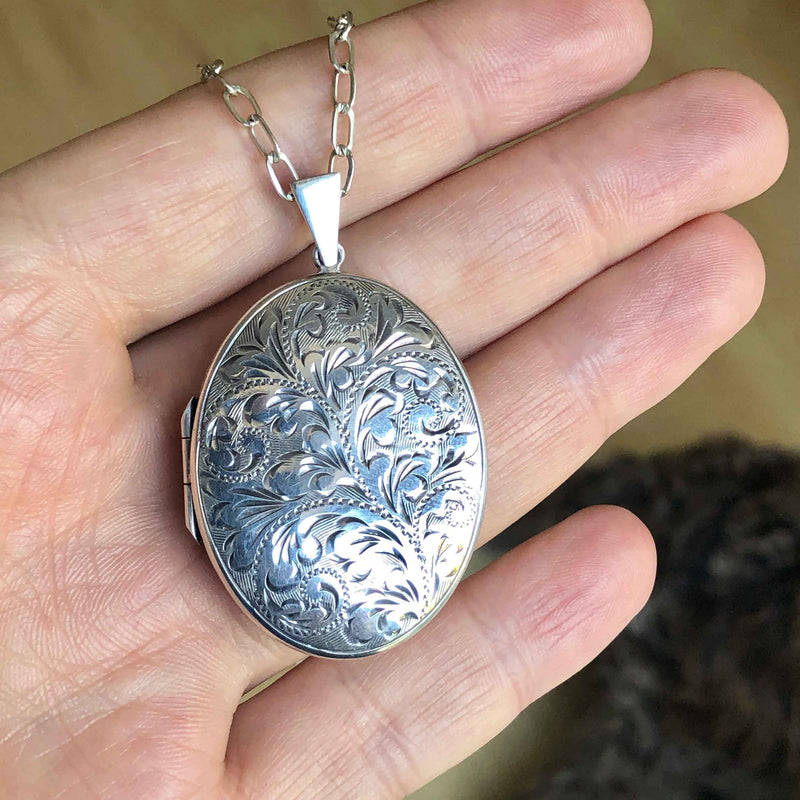 Vintage Engraved Silver Oval Locket - In Hand - Jewellery Hound