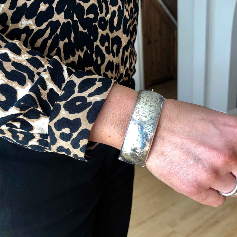 Vintage Sterling Silver Engraved Hinged Bangle - 1957