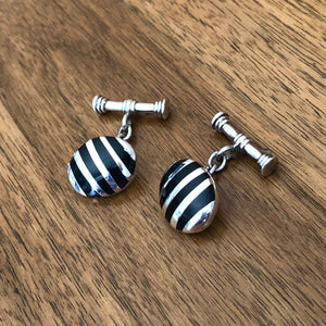 Vintage Solid Silver & Onyx Striped Cuff Links - Jewelleryhound - Wood Background