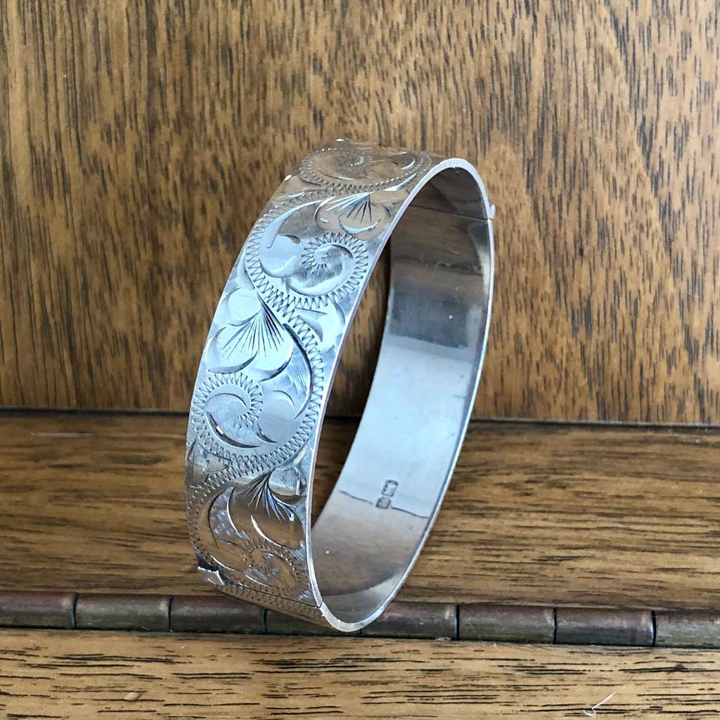 Vintage Sterling Silver Engraved Hinged Solid Bangle - Jewellery Hound