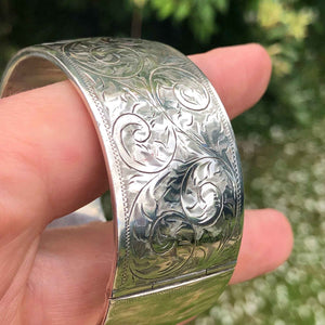 Vintage Sterling Silver Engraved Bangle - Outdoors in Daylight