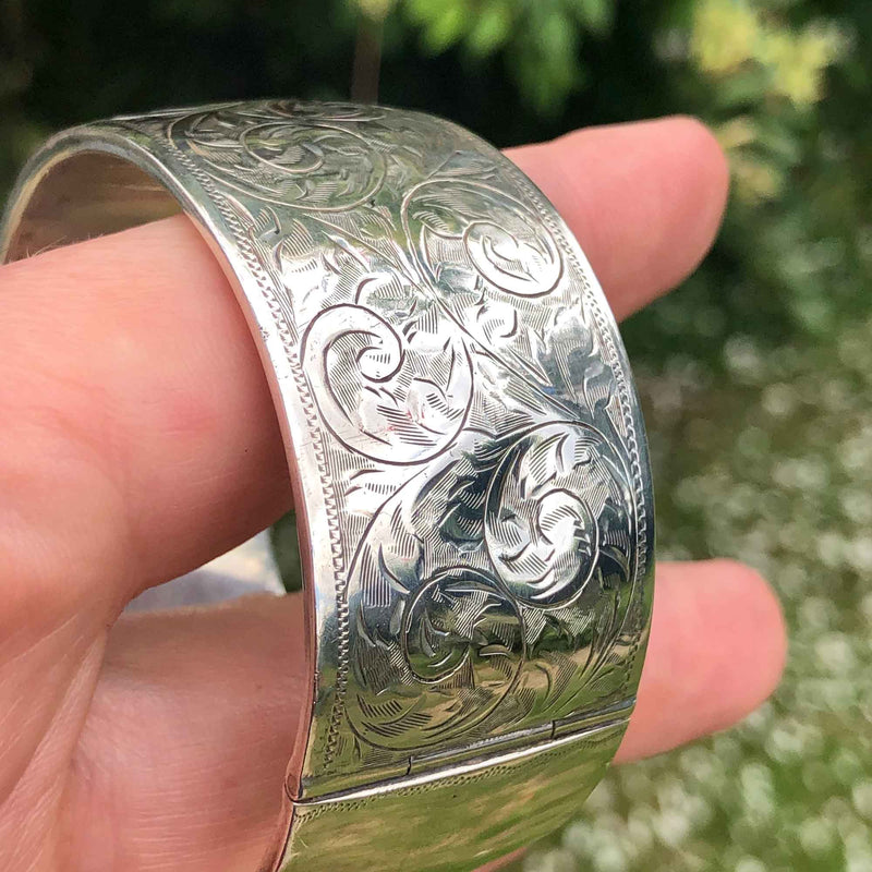 Vintage Sterling Silver Engraved Bangle - Outdoors in Daylight