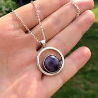 Modernist Vintage Scottish Silver Amethyst Pendant in Hand