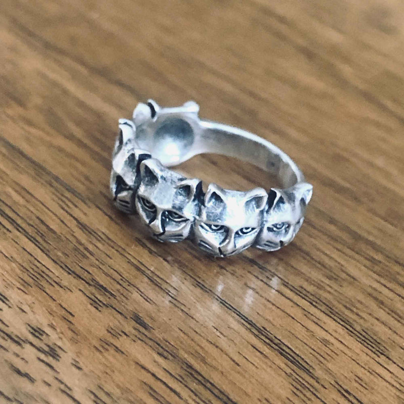 Vintage Silver Cat Ring on Wooden Table Top