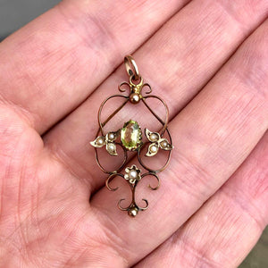 A Petite Edwardian 9ct Gold Peridot and Pearl Delicate Lavalier Pendant