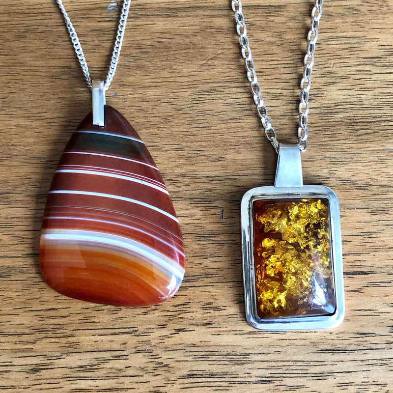 Modernist Vintage Imported Silver Amber Pendant and Chain with Banded Agate Pendant