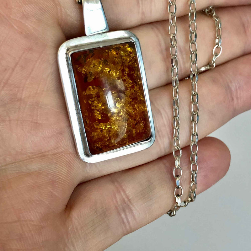 Modernist Vintage Imported Silver Amber Pendant and Chain with Grey Background