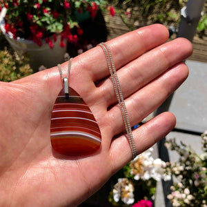 Vintage 925 Silver Polished Red Banded Agate Pendant and Chain in Hand