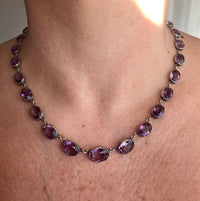 Antique Silver Amethyst Rivière Necklace being worn around the neck.