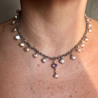 Danish Silver Fresh Water Pearl Choker Necklace with Hanging Purple Heart - Jewellery Hound