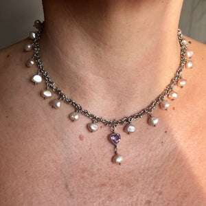 Danish Silver Fresh Water Pearl Choker Necklace with Hanging Purple Heart - Jewellery Hound