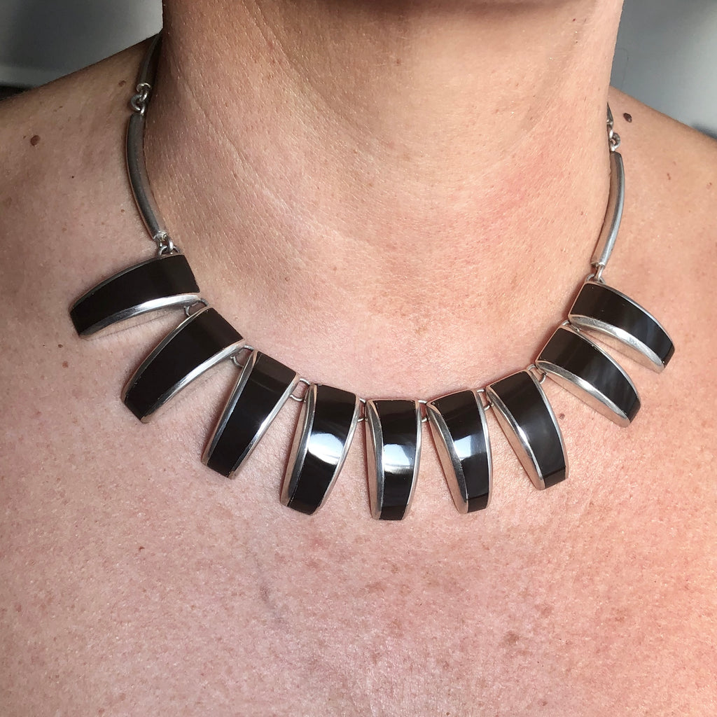 Vintage Mexican Sterling Silver Black Onyx Necklace - Jewellery Hound