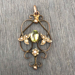 Edwardian 9ct Gold Peridot and Pearl Delicate Lavalier Pendant on Black Background