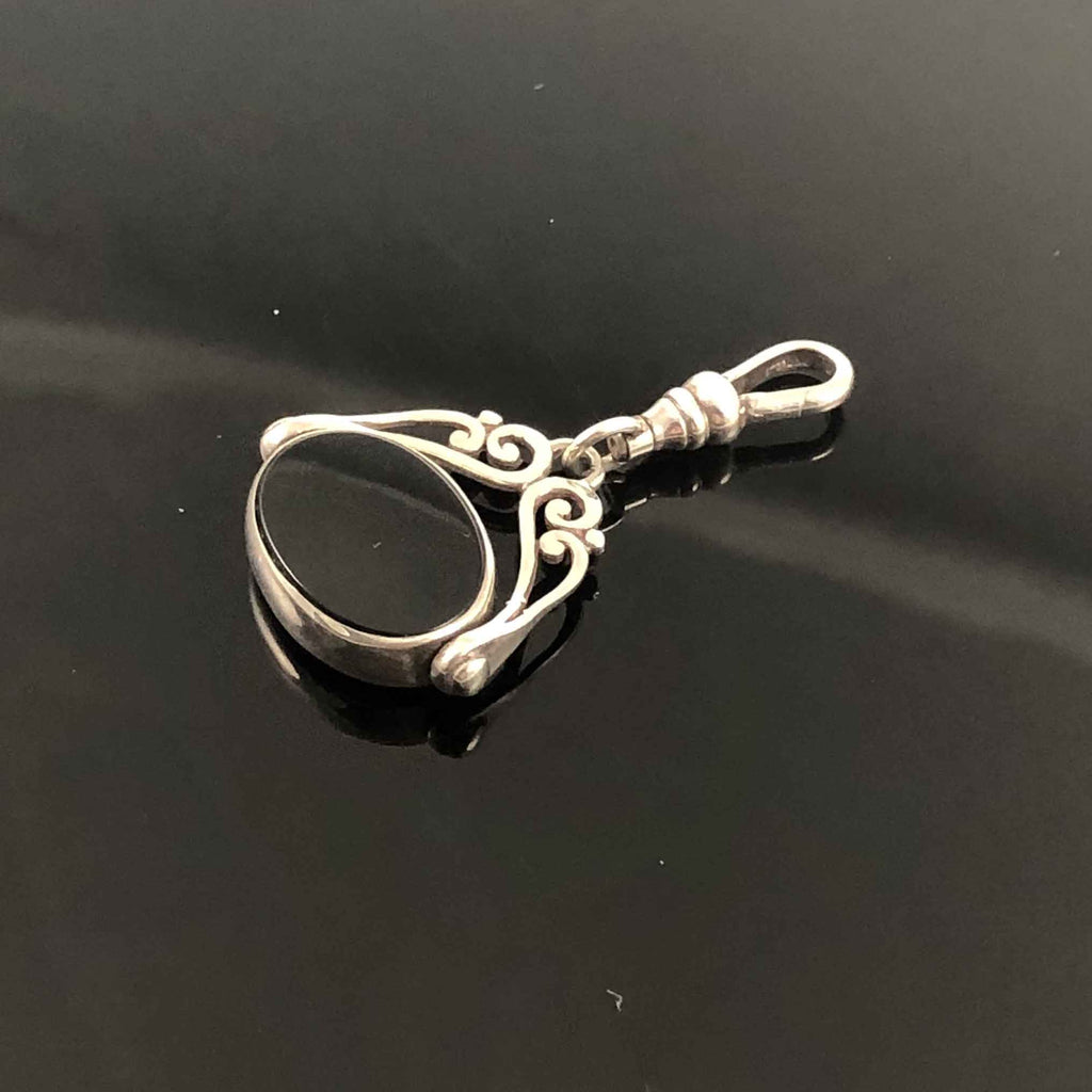 Vintage Antique Style Silver, Carnelian and Onyx Spinning Fob Pendant - Onyx Showing