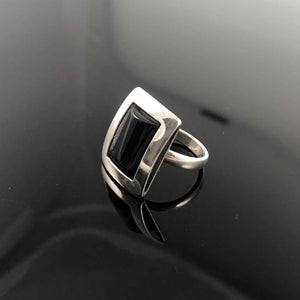Vintage Minimalist Black Onyx 925 Silver Statement Ring on Shiny Reflective Black Surface
