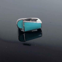 Vintage Modernist Turquoise Inlay Silver Statement Ring on Black Background