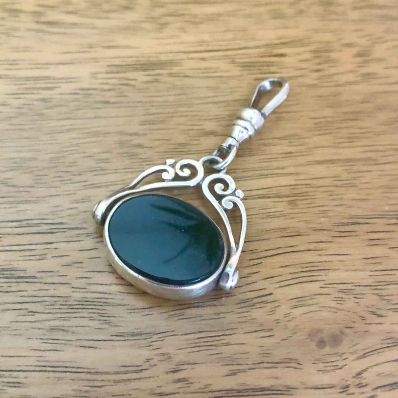 Vintage Antique Style Silver, Carnelian and Onyx Spinning Fob Pendant