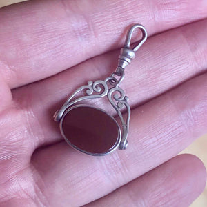 Vintage Antique Style Silver, Carnelian and Onyx Spinning Fob Pendant in Hand