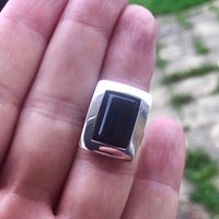 Vintage Minimalist Black Onyx 925 Silver Statement Ring on the Finger