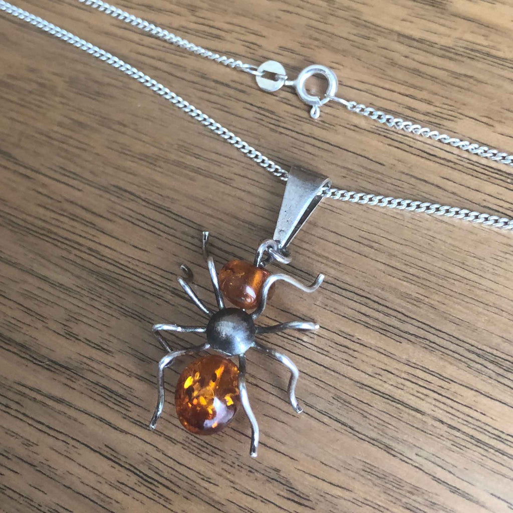 Vintage Silver and Amber Spider Pendant and Chain with Bolt Ring Clasp