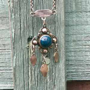 Arts and Crafts Silver and Blue Black Agate Stone Necklace hanging of a Fence Post