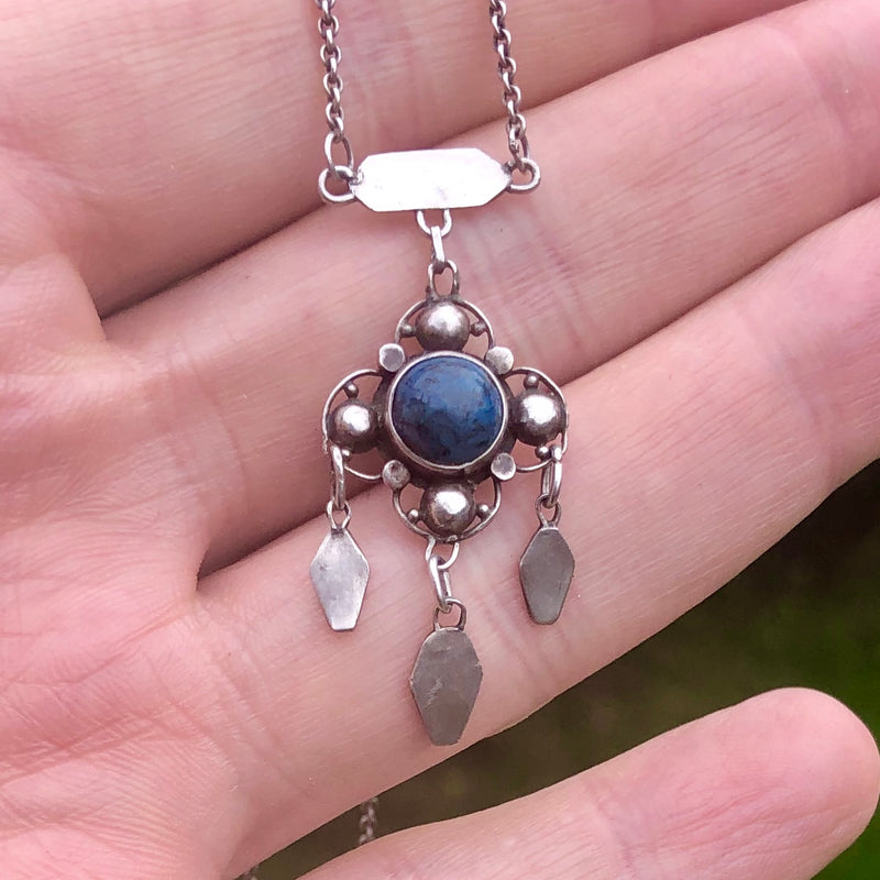 Arts and Crafts Silver and Blue Black Agate Stone Necklace in Hand