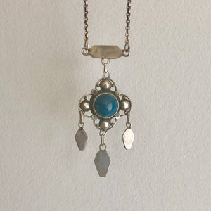 Arts and Crafts Silver and Blue Black Agate Stone Necklace with Grey Background
