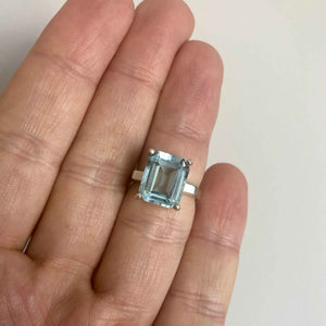 Vintage Silver Large Synthetic Emerald Cut Aquamarine Solitaire Statement Ring  on Finger