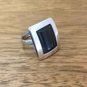 Vintage Minimalist Black Onyx 925 Silver Statement Ring at an Angle