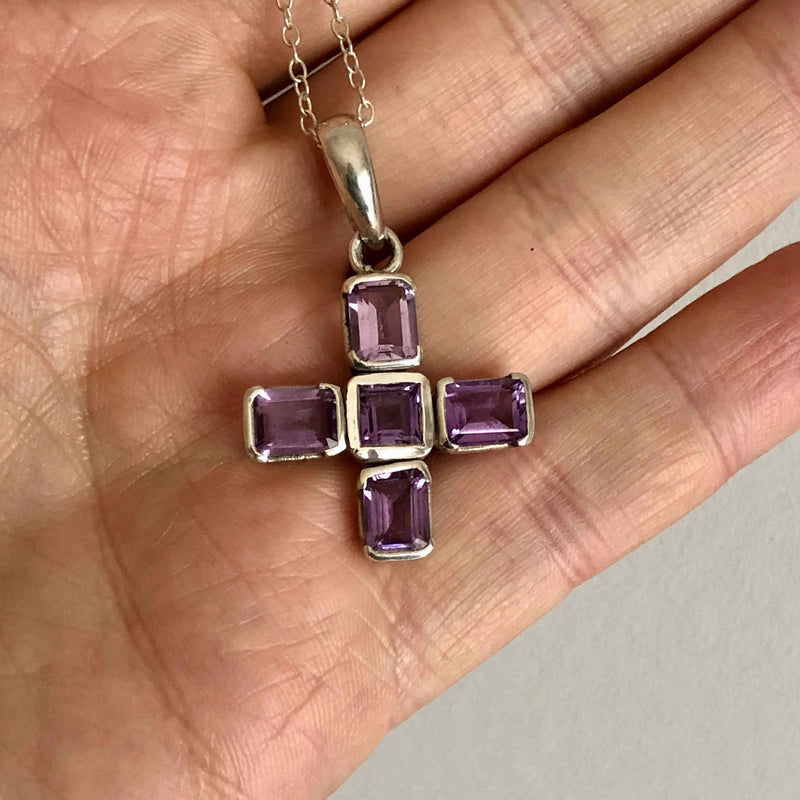 Vintage Amethyst Set Silver Greek Cross with Chain in Hand