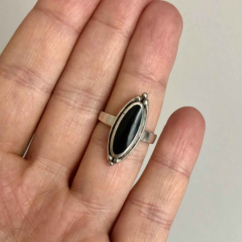 Vintage Boho Style Black Onyx Silver Ring on Finger