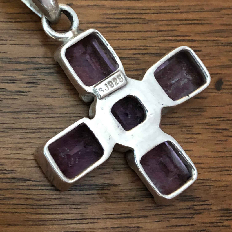 Vintage Amethyst Set Silver Greek Cross with Chain with Makers Mark SJ925