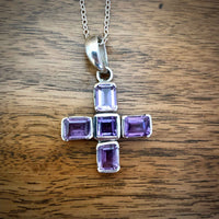 Vintage Amethyst Set Silver Greek Cross with Chain with Wood Background