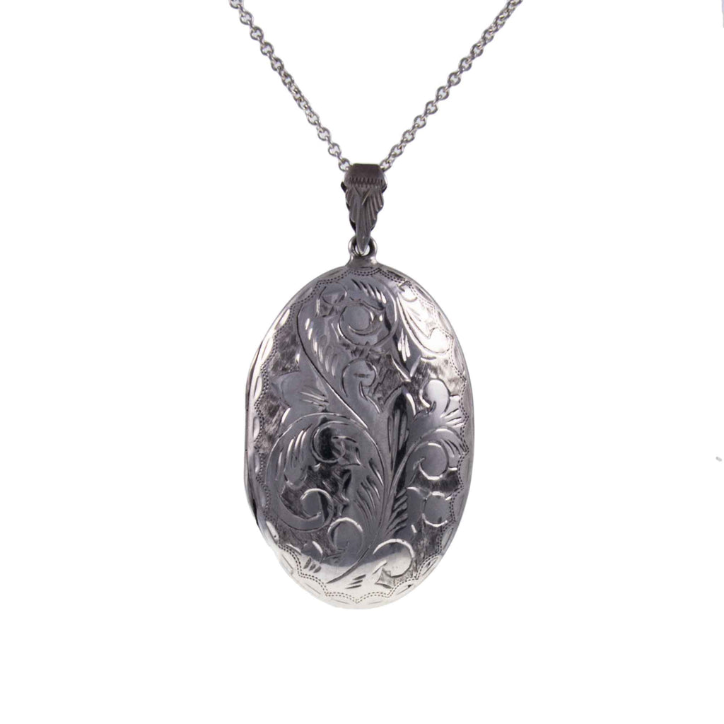 Large Vintage Engraved Silver Oval Locket - With a 22” Long Silver Chain