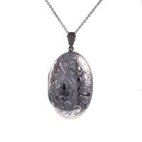 Large Vintage Engraved Silver Oval Locket - With a 22” Long Silver Chain