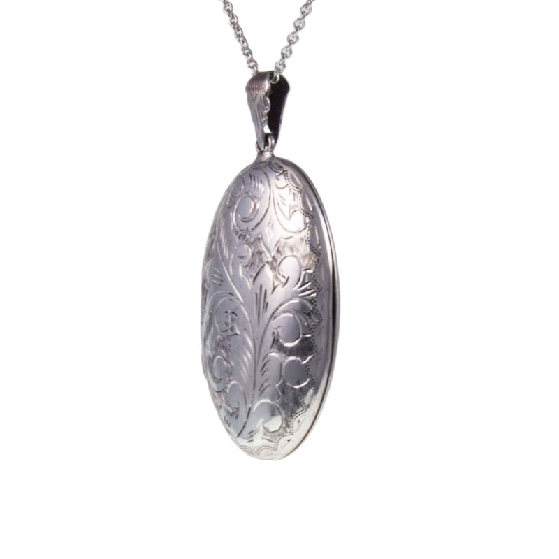 Large Vintage Engraved Silver Oval Locket - With a 22” Long Silver Chain Facing Left