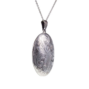 Large Vintage Engraved Silver Oval Locket - With a 22” Long Silver Chain facing right
