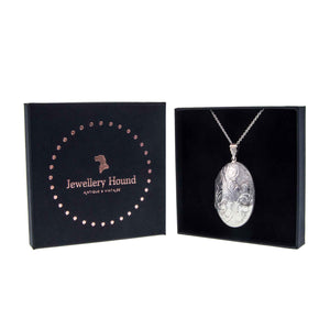 Large Vintage Engraved Silver Oval Locket - With a 22” Long Silver Chain in Jewellery Hound Box