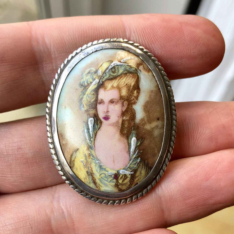 Vintage Sterling Silver Victorian Style Miniature Portrait Brooch in Hand