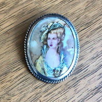 Vintage Sterling Silver Victorian Style Miniature Portrait Brooch Wood Background