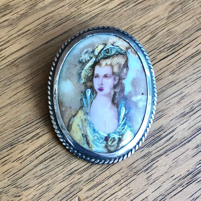 Vintage Sterling Silver Victorian Style Miniature Portrait Brooch Wood Background