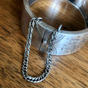 Victorian Sterling Silver Hinged Bangle with Floral  Engraving with Safety Chain