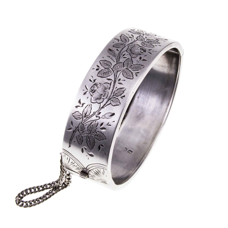 Victorian Sterling Silver Hinged Bangle with Floral  Engraving